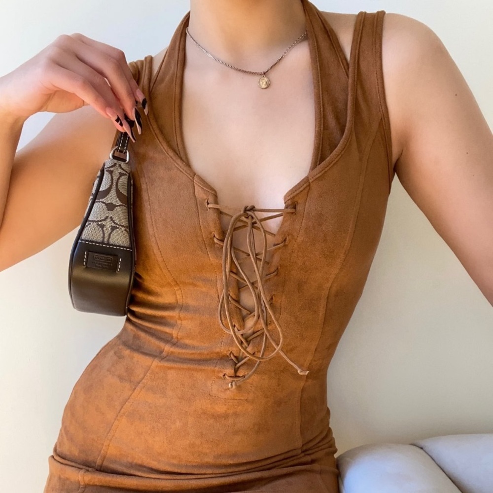 Brown velvet lace up dress